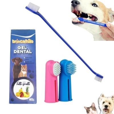Kit Escova de Dente Pet + Pasta de Dente para Cachorro Gato